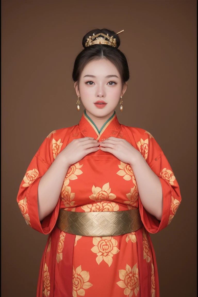 realistic,score_9, score_8_up, score_7_up, BREAK,
The image now portrays a woman with a more chubby appearance, wearing traditional Chinese attire. Her hair is styled in a classic bun, adorned with golden hair accessories and earrings. She wears a red dress with golden patterns, complemented by a yellow belt around her waist. The lighting is dimmer, suggesting an indoor setting, which adds a mysterious and intimate atmosphere to the scene. Her eyes are fixed on the camera, and her hands are placed on her chest. The dim lighting accentuates her chubby features and the rich details of her traditional costume, creating a warm and inviting ambiance. The golden patterns on her dress could represent specific symbols or motifs related to her status or the event's theme. The yellow belt adds a touch of elegance and serves as a striking contrast to the red and gold. Her confident gaze towards the camera conveys a sense of pride and a message she wishes to convey. The brown background serves to highlight the woman's figure and the rich details of her traditional costume, adding depth and texture to the image.