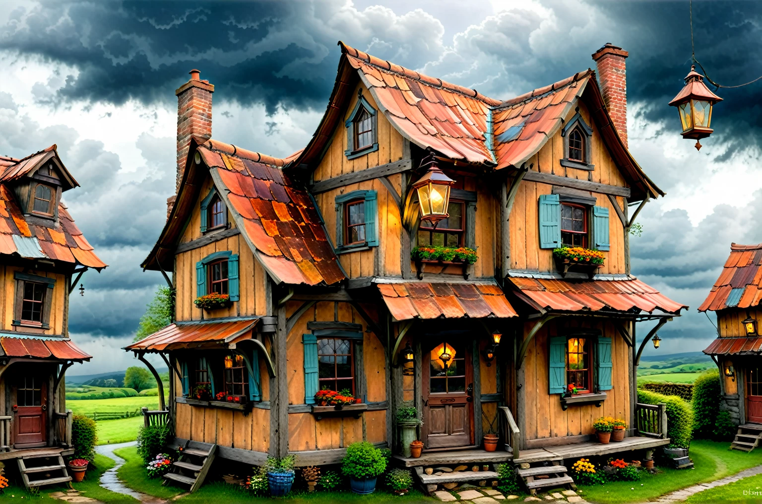 an old rusty truck, a whimsical wooden cottage small house, small window, misplaced second floor, balcony, crooked chimney, rusty roof, hanging lantern from roof, small light, landscape, heavy clouds, ((more detail, enhanced)), 32k