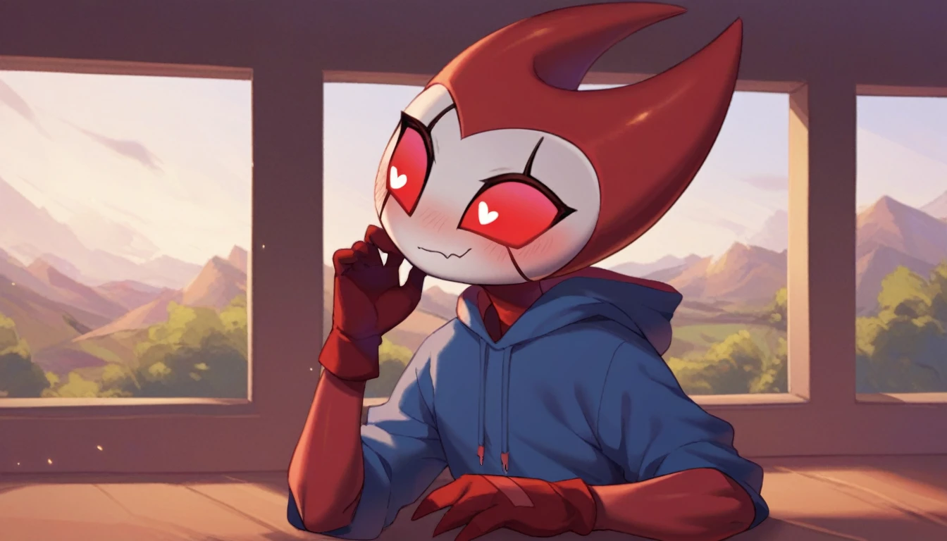 score_9, score_8_up, score_7_up, score_6_up, zPDXL2, grimm \(hollow knight\), vampire, bat, 1boy, solo, cute face, detailed eyes, anthro, blue large hoodie, red sports gloves, sneakers, near the window, landscape, looking to the side, upper body, profile photo, smug face, blushing