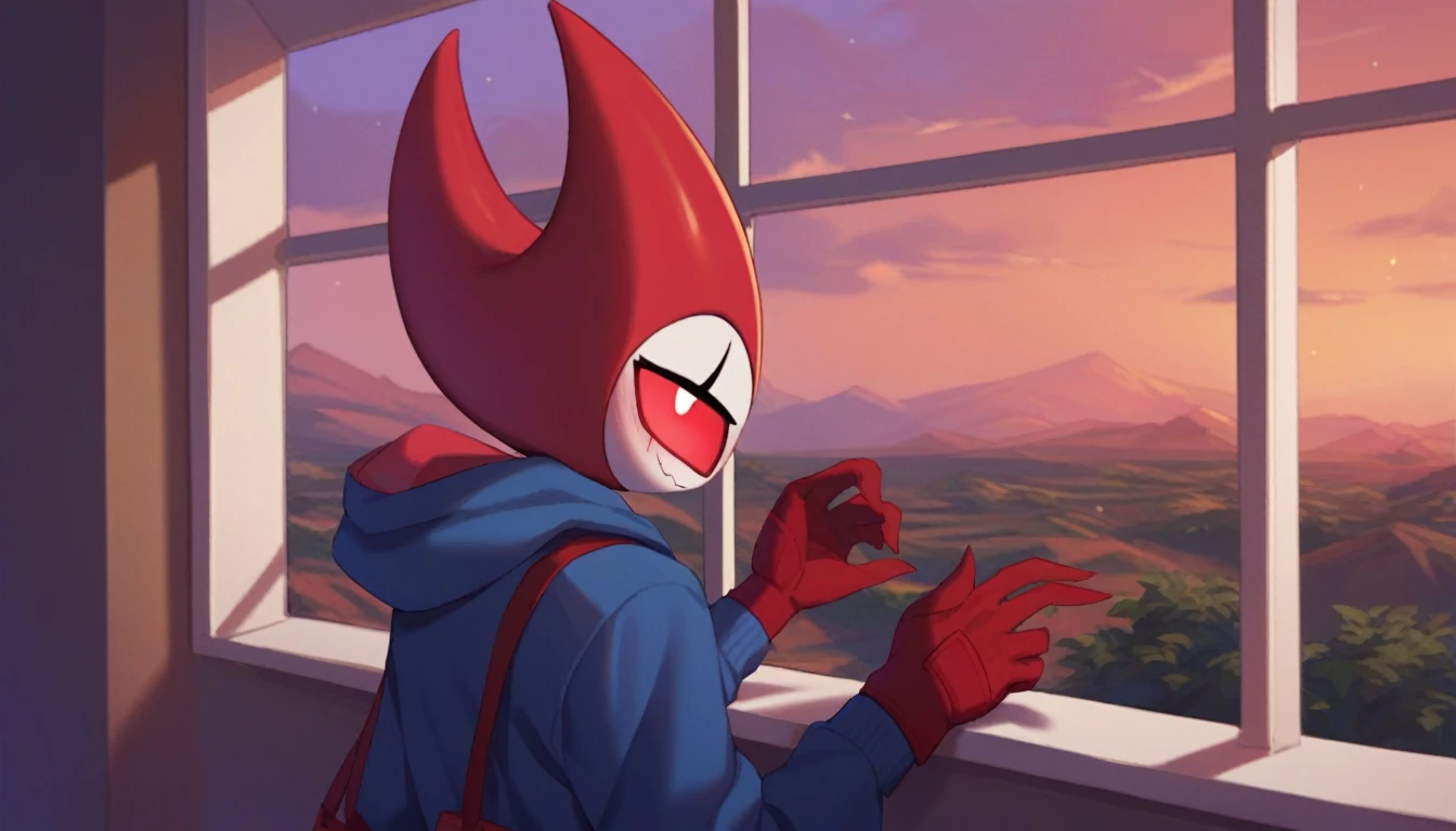 score_9, score_8_up, score_7_up, score_6_up, zPDXL2, grimm \(hollow knight\), vampire, bat, 1boy, solo, cute face, detailed eyes, anthro, blue large hoodie, red sports gloves, sneakers, near the window, landscape, looking to the side, upper body, profile photo, smug face, blushing