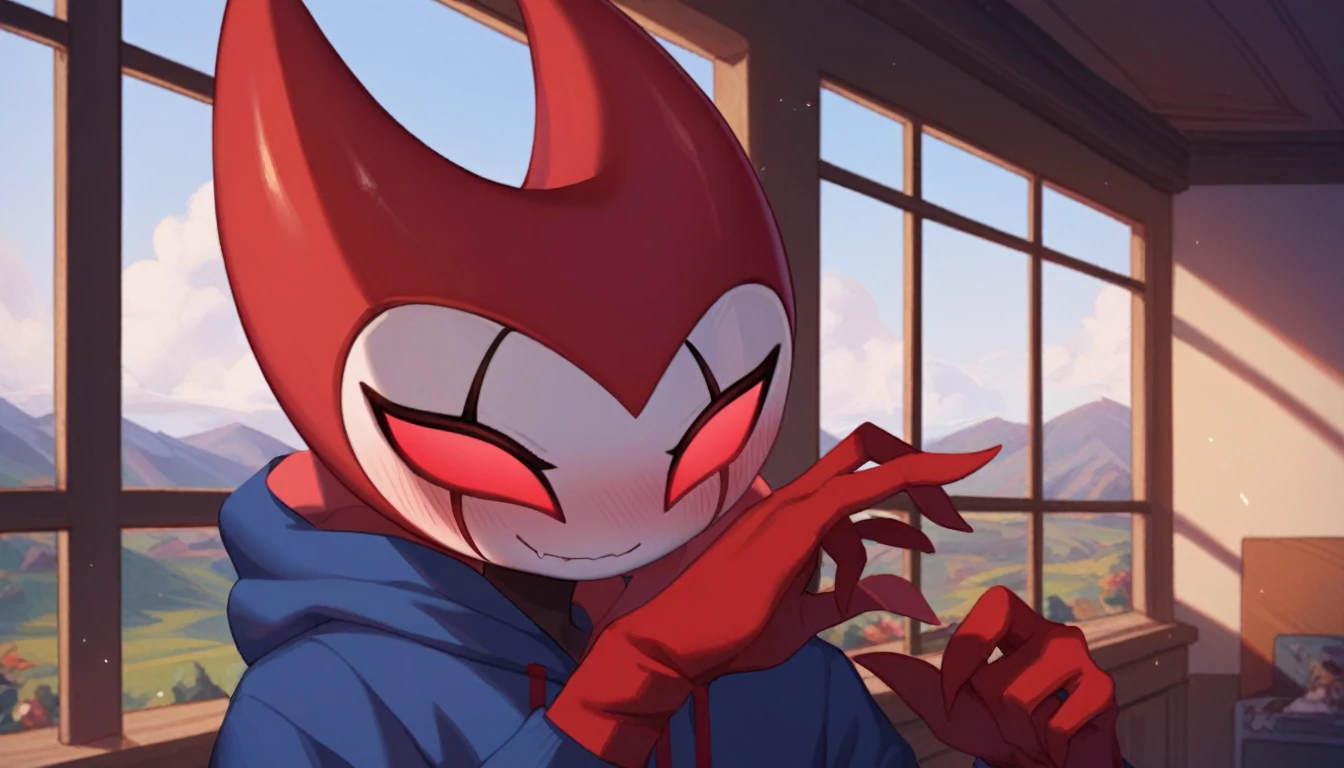score_9, score_8_up, score_7_up, score_6_up, zPDXL2, grimm \(hollow knight\), vampire, bat, 1boy, solo, cute face, detailed eyes, anthro, blue large hoodie, red sports gloves, sneakers, near the window, landscape, looking to the side, upper body, profile photo, smug face, blushing