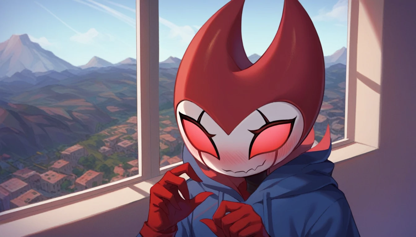 score_9, score_8_up, score_7_up, score_6_up, zPDXL2, grimm \(hollow knight\), vampire, bat, 1boy, solo, cute face, detailed eyes, anthro, blue large hoodie, red sports gloves, sneakers, near the window, landscape, looking to the side, upper body, profile photo, smug face, blushing