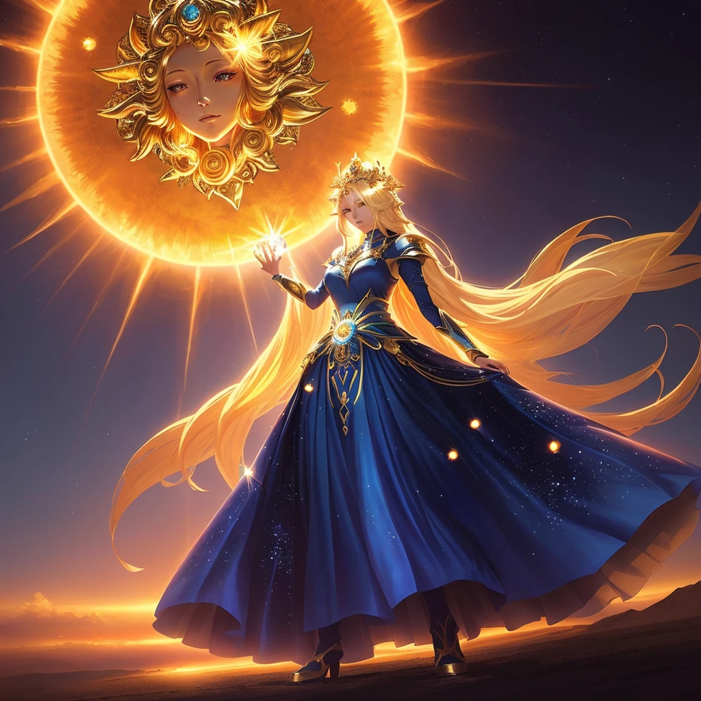 a woman in a long dress standing in front of a sun, beautiful celestial mage, anime fantasy artwork, anime fantasy illustration, anime epic artwork, beautiful anime artwork, the queen of the sun, beautiful anime art, beautiful fantasy anime, goddess of the sun, a beautiful fantasy empress, beautiful fantasy art, as the goddess of the sun, beautiful digital artwork
