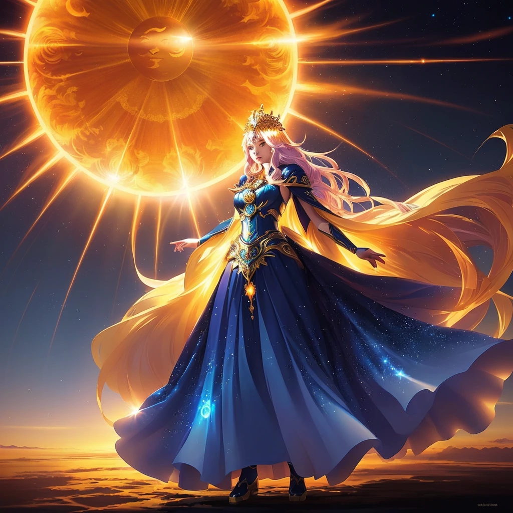 a woman in a long dress standing in front of a sun, beautiful celestial mage, anime fantasy artwork, anime fantasy illustration, anime epic artwork, beautiful anime artwork, the queen of the sun, beautiful anime art, beautiful fantasy anime, goddess of the sun, a beautiful fantasy empress, beautiful fantasy art, as the goddess of the sun, beautiful digital artwork