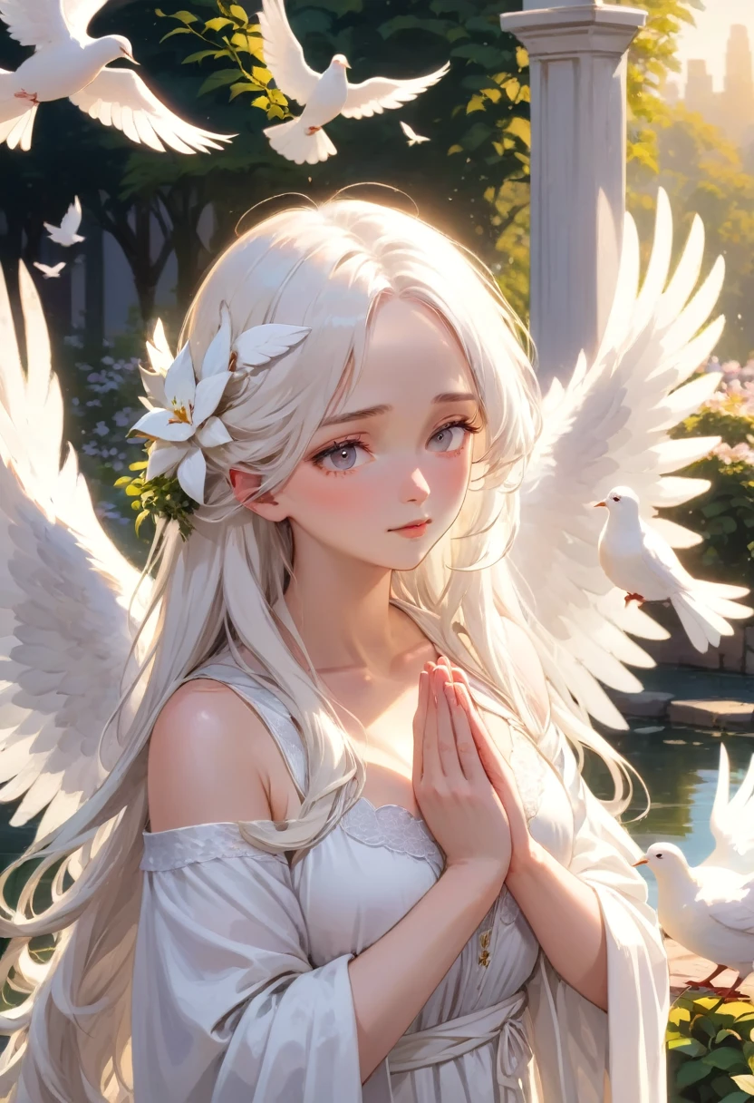 a 29 years old beautiful angel woman with long white hair, european face ,beautifull wings, huge tits, beautifull white angelic wings, praying,white clothes, surrounded by white doves, serene and peaceful expression, ethereal and heavenly, 4k, high quality, intricate details, photorealistic, dramatic lighting, vibrant colors, beautifull scenerie, beautifull light, a peaceful garden, lush greenery, blooming flowers, serene atmosphere, warm sunlight, calming pond, tranquil landscape, beautiful scenery, natural environment, idyllic setting, (best quality,4k,8k,highres,masterpiece:1.2),ultra-detailed,(realistic,photorealistic,photo-realistic:1.37),landscape,vibrant colors,soft lighting,natural lighting