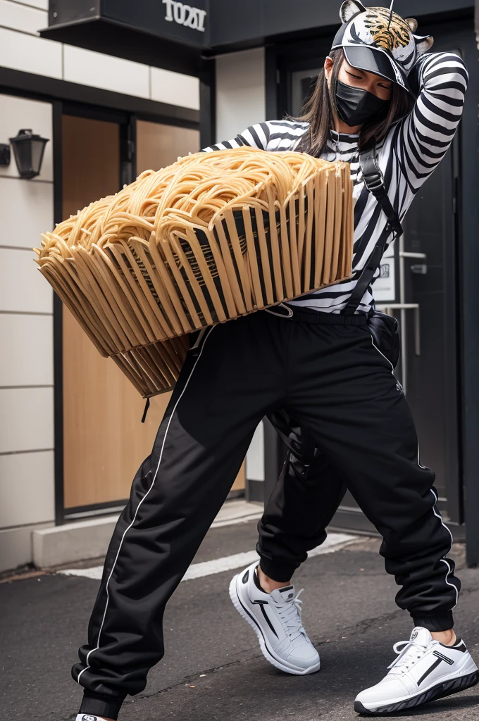 A tiger hat, pasta, a black mask that covers the entire face, a tiger breastplate, black pants, white sneakers
