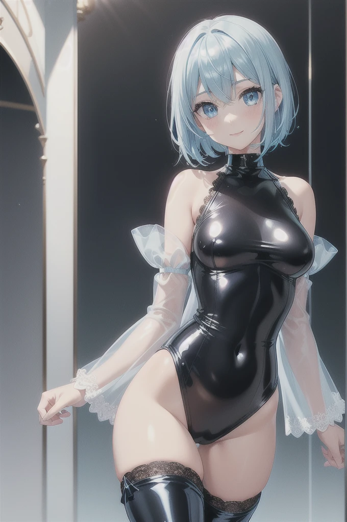 1girl,solo,full body,standing,(pastel blue hair:1.2),short hair,(blue eyes:1.2),(beautiful fingers:1.2),(perfect anatomy:1.4),(arm_behind_back:1.4),(cold_shoulder:1.2),(blue leather lace glossy silk lamé leotard:1.4),(latex luster shiny glossy metallic:1.4),(shiny_clothes:1.4),(white Clear PVC sheets sleeves:1.4),(sheer sleeves:1.4),(see-through sleeves:1.4),(wide sleeves:1.2),(gloss on lips:1.4),closed mouth,medium breasts,masterpiece,best quality,(Ultra high definition eyes:1.2),8k,(Beautiful detailed eyes:1.2),(Fine and beautiful eyes:1.2),(pretty eyes:1.2),finely detail,extremely CG, absurdres,high resolution,illustration,Detailed and beautiful outlines,finely detail,high resolution,(colorful refraction:1.4,Increase saturation:1.2),beautiful lighting,dynamic lighting,closed room,black background,simple background, smile,looking at viewer,(pastel blue thigh boots),