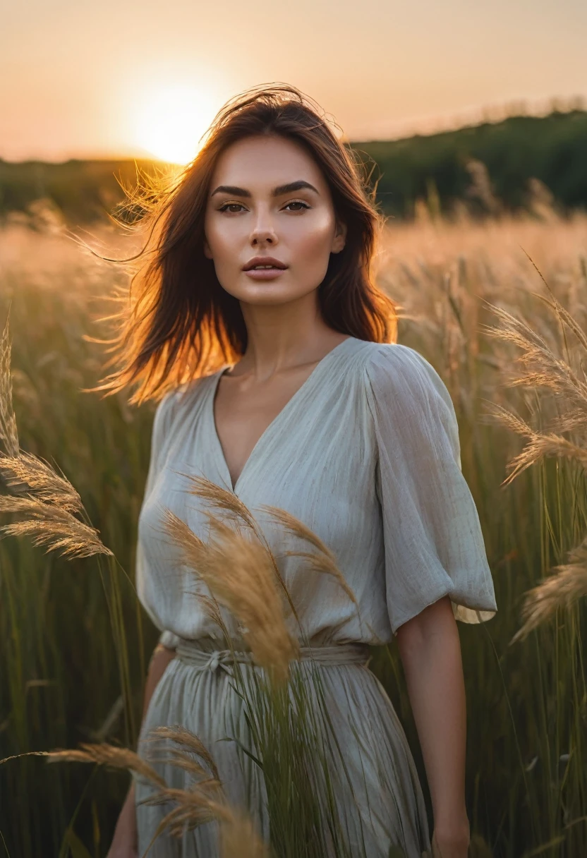 a woman standing in a field of tall grass with the sun setting, gorgeous woman, cinematic beautiful natural skin, attractive woman, attractive girl, photo of a beautiful woman, gorgeous attractive face, extremely beautiful face, in a field, beautiful female model, portrait of a beautiful model, soft portrait shot 8 k, beautiful delicate face, a beautiful young woman, attractive beautiful face