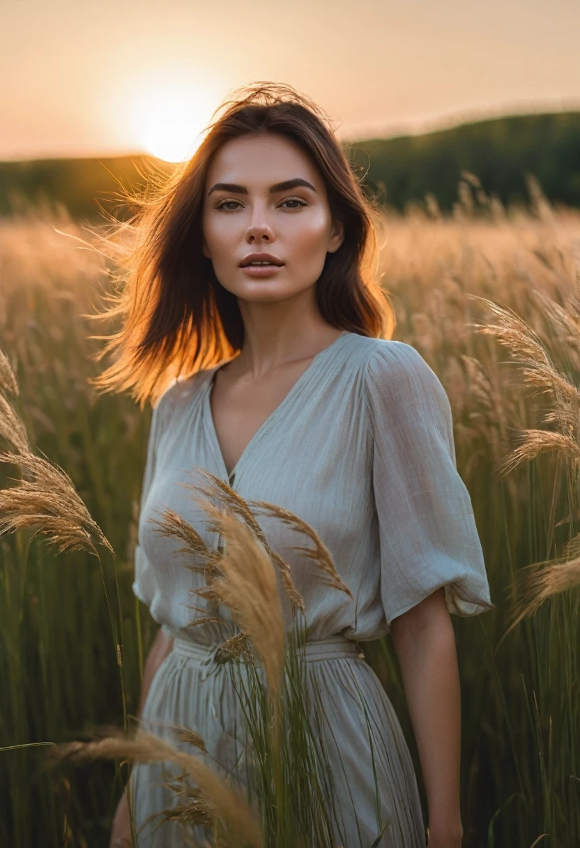 a woman standing in a field of tall grass with the sun setting, gorgeous woman, cinematic beautiful natural skin, attractive woman, attractive girl, photo of a beautiful woman, gorgeous attractive face, extremely beautiful face, in a field, beautiful female model, portrait of a beautiful model, soft portrait shot 8 k, beautiful delicate face, a beautiful young woman, attractive beautiful face
