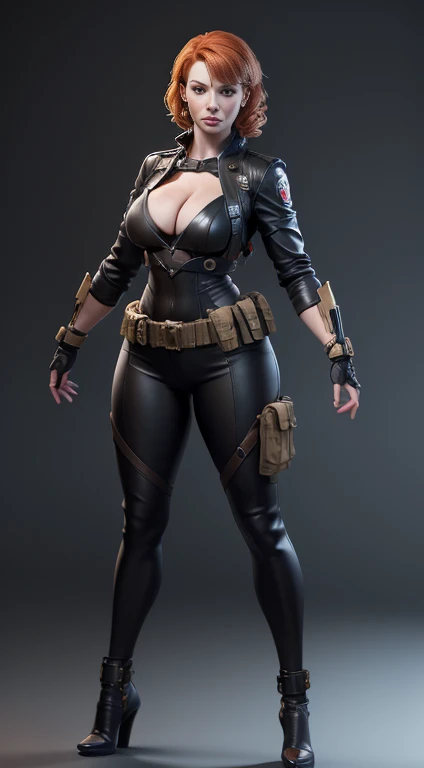Imagine Christina Hendricks as an Metal Gear Solid character, Christina Hendricks as a video game character, Christina Hendricks in a stealth video game, Metal Gear Solid, created in Yoji Shinkawa's style. High-quality facial research of Christina Hendricks, (Christina's sculpted cheekbones and slight wrinkles around the face), 48 years old, High-quality detailed research of Christina Hendricks voluptuous figure. Skin-tight black leather suit, cleavage, high-tech goggles, metallic utility belt, metal arm bands, fingerless gloves. Glamorous, confident expression, fierce and powerful stance. (Full Body shot), (realistic photo, best quality, detailed), (8k wallpaper), (cinematic lighting, dramatic lighting) (sharp focus, intricate)