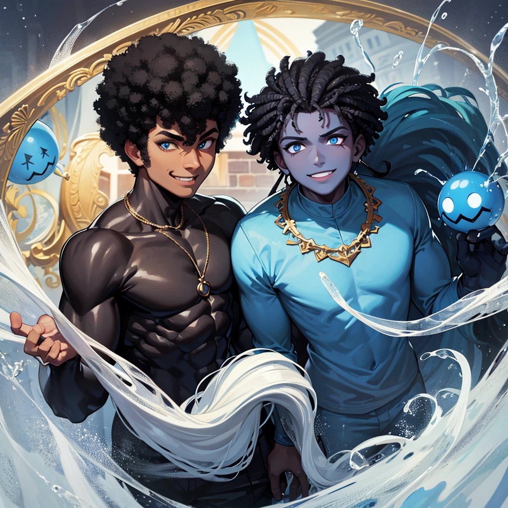 A black man with afro hair, light blue eye and dark blue eye, and a mischievous smile. He doesn't have a beard. His hair was a black afro