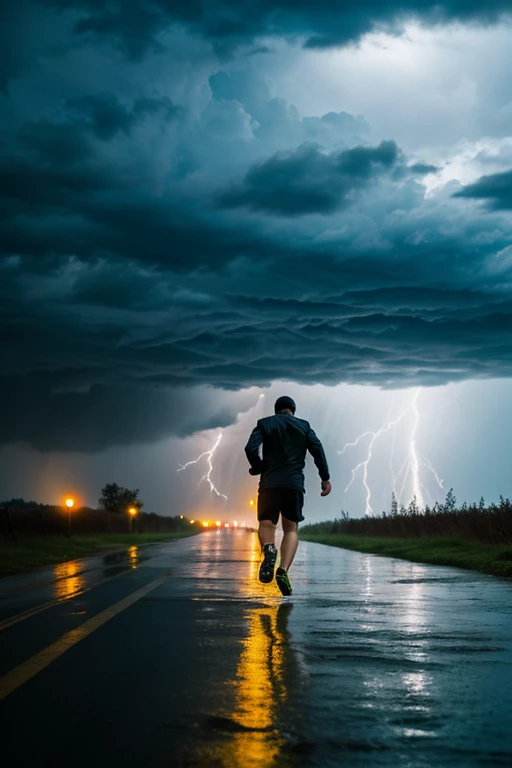 4k image heavy rain with thunder and man running looking ahead