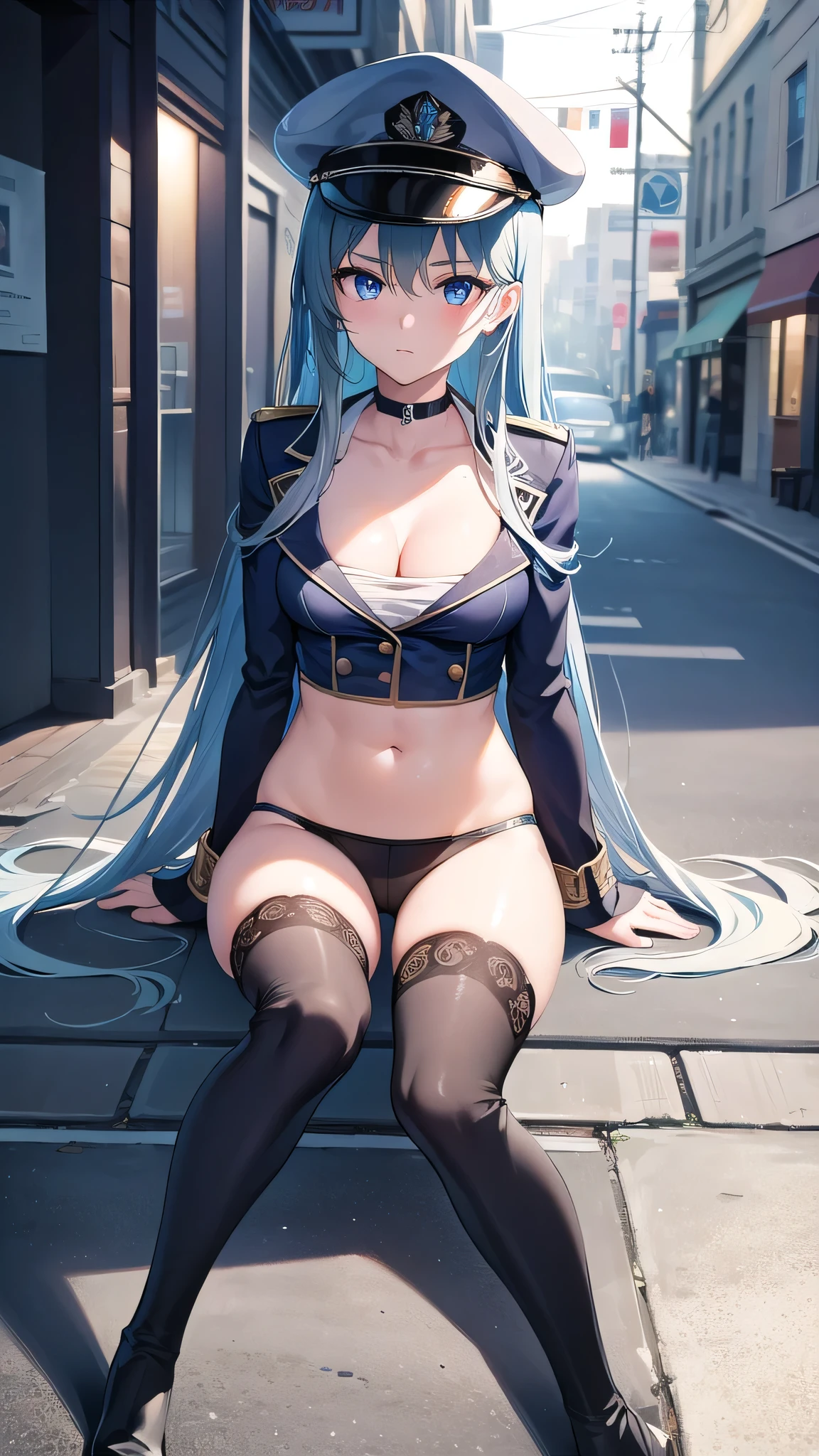 esdeath, esdeath, blue eyes, blue hair, long hair, (small breast:1.2),
BREAK boots, choker, cleavage, collarbone, hat, ice, military,white military uniform, peaked cap, thigh boots, thighhighs, uniform,
BREAK looking at viewer, full body,long legs,milf,35 years old,arrogant face,BREAK indoors,BREAK (masterpiece:1.2), best quality, high resolution, unity 8k wallpaper, (illustration:0.8), (beautiful detailed eyes:1.6), extremely detailed face, perfect lighting, extremely detailed CG, (perfect hands, perfect anatomy),city,street,night,wet road,reflections,lights, bend over to camera,from above.
