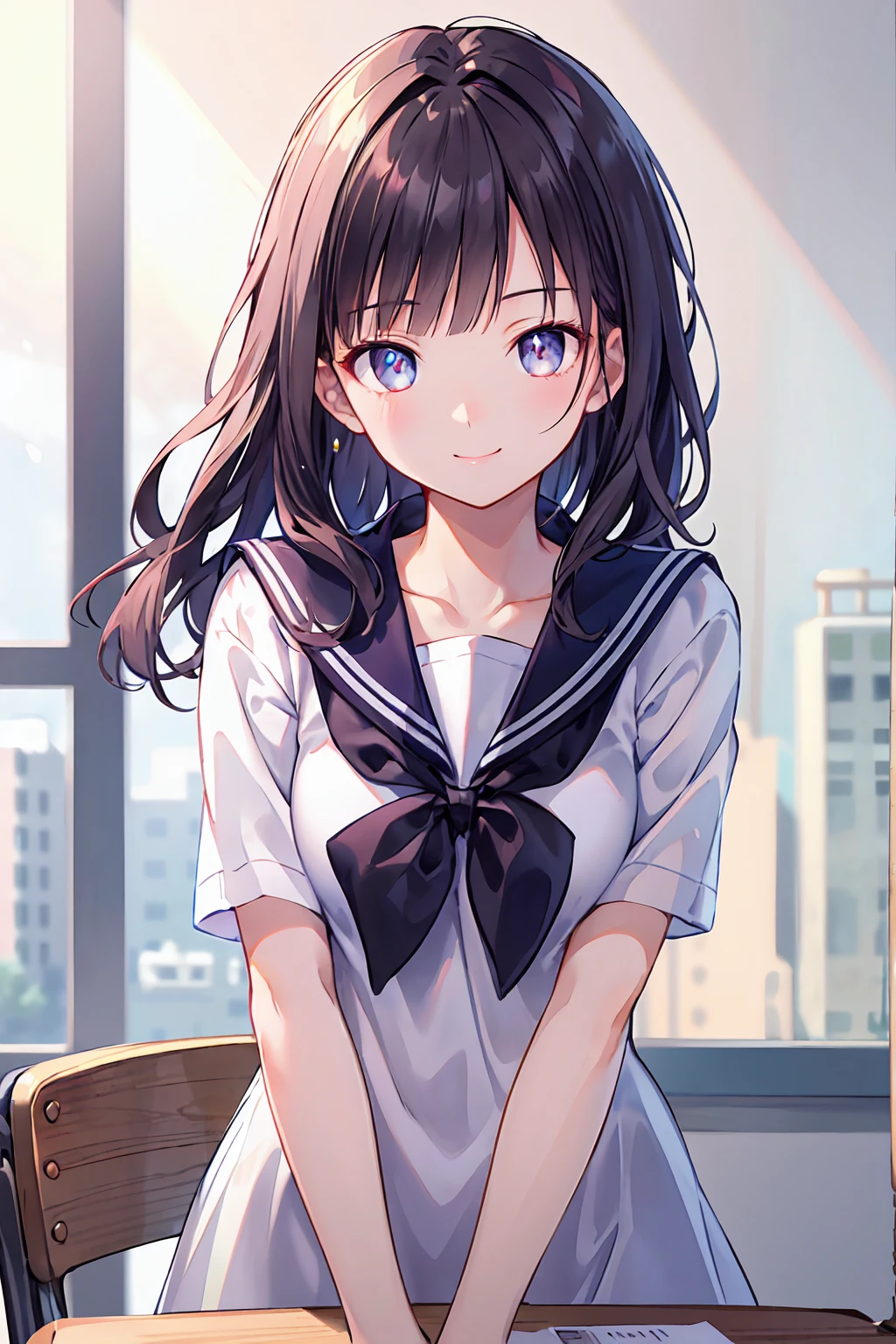 (Highly detailed CG、8k wallpaper)、(Very delicate and beautiful)、(masterpiece)、(Highest quality:1.0)、(超High resolution:1.0)、Beautiful lighting、Perfect Lightning、Realistic Shadows、[High resolution]、Detailed skin、Ultra-detailed、Detailed face and eyes、Realistic eyes、Sharp pupils、Small breasts、Cowboy Shot, In the classroom、Beautiful Face、Blurred Background、Beautiful 16 year old girl、Glowing Skin、Side Up、Beautiful black hair、Blunt bangs、Red Eye、Sailor suit、curve、Sitting at a desk、A kind smile、Exposing the lower body
