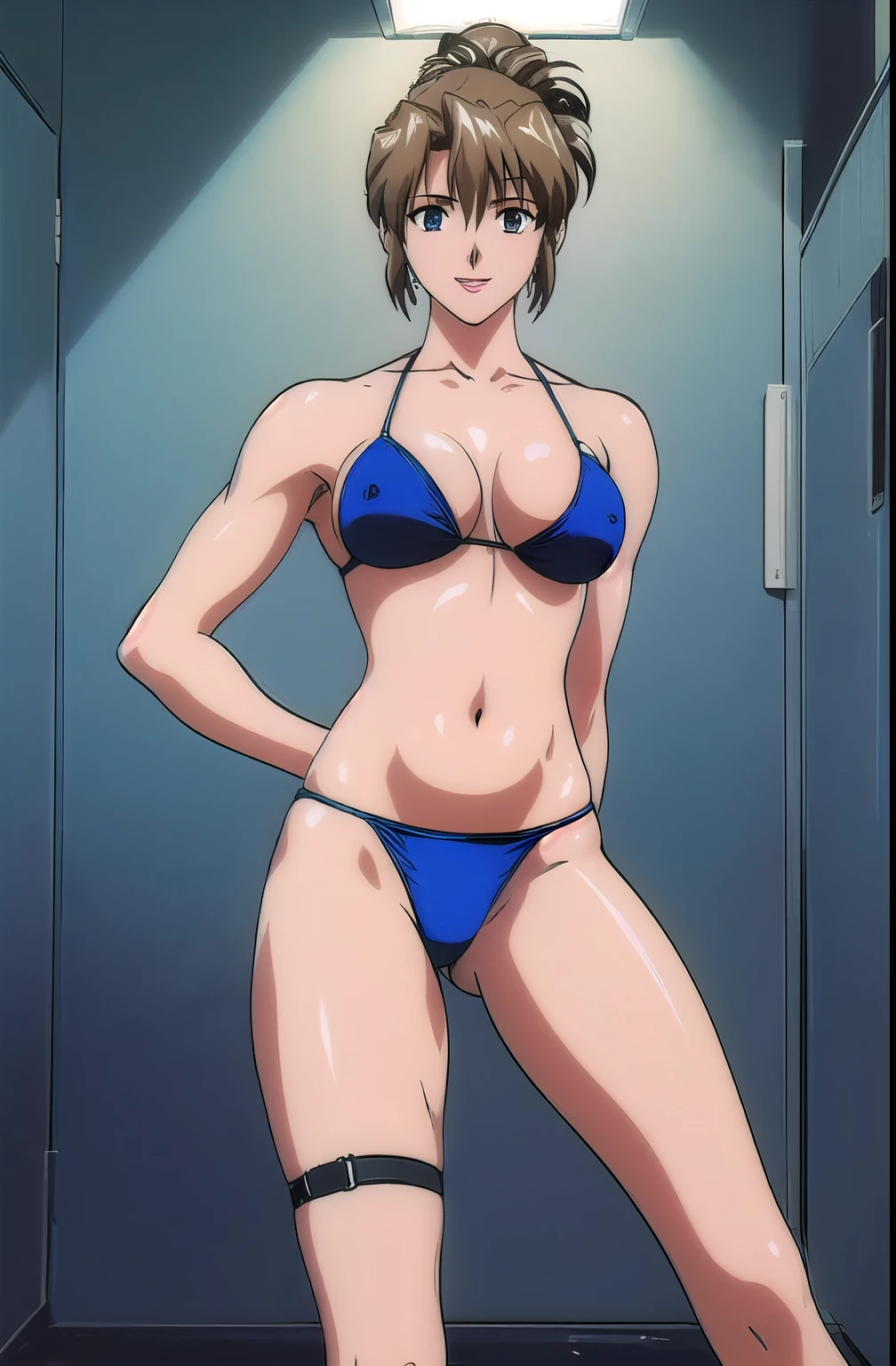 masterpiece, best quality, looking at viewer, (upper body:1.7), medium height, ultra detailed, (on-shoulders:1.5), (little biceps:1.25), (black hair), (smile:1.5), folded ponytail, locker room, bright image, (blue bikini:1.5), hot colors, (leg strap:1.5), closed fists, lip stick, smile, very big breasts with perky nipples, big cleavage, white skin, lights, high brightness, wide hips, groin line, white skin, (long belly:1.3)
