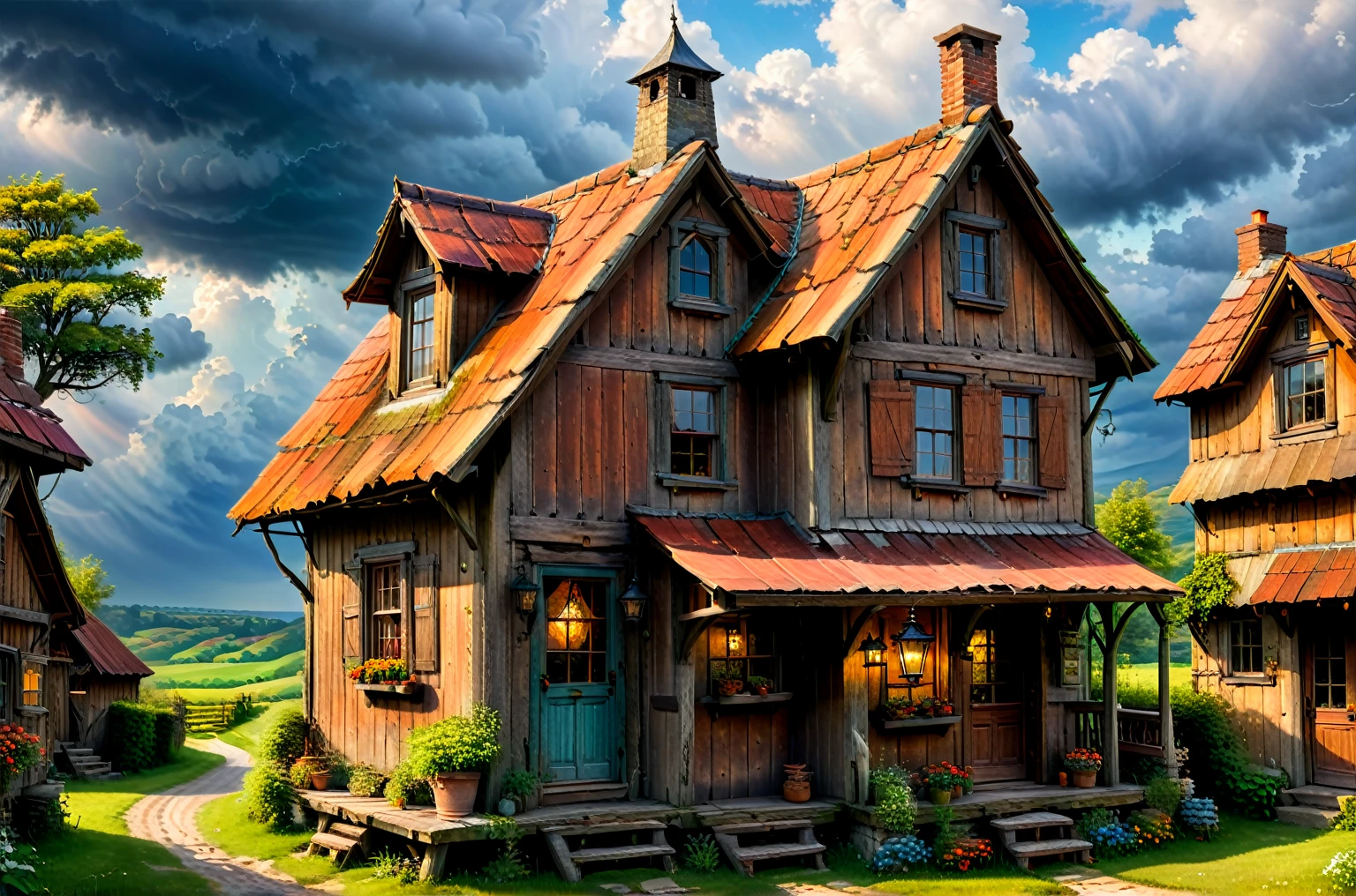a dilapidated old rusty truck, quaint wooden cottage, small house, tiny window, asymmetrical second floor, balcony, crooked chimney, weathered rusty roof, hanging lantern from roof, soft warm light, serene countryside landscape, heavy dramatic clouds, (best quality,4k,8k,highres,masterpiece:1.2),ultra-detailed,(realistic,photorealistic,photo-realistic:1.37),HDR,UHD,studio lighting,ultra-fine painting,sharp focus,physically-based rendering,extreme detail description,professional,vivid colors,bokeh