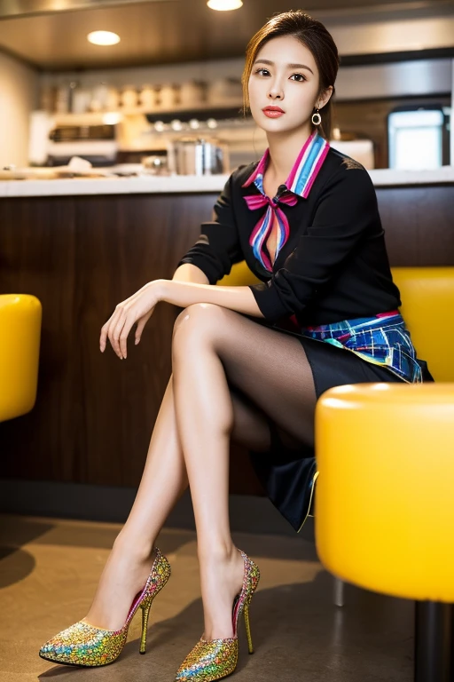 (Highest quality、Ultra-high resolution、masterpiece、8K)、(Delicate face、Detailed eyes and face、Watery eyes、double eyelid、Glossy lips), ((1 girl)) 、Very beautiful woman、Slender、Slim Big、Sharp long legs、Alluring and sexy、(A brightly colored collared shirt:1.2)、(Skirts in flashy colors:1.3),(silk pantyhose:1.1),(High heels)、Cleavage、sitting in a high chair、(Perfect body、Two perfect legs、Detailed shoes、Anatomically correct)、High-definition skin texture、Inside the cafe、Professional Lighting