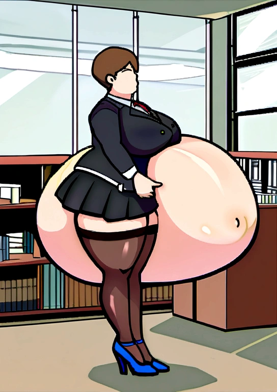 full body photo of a beautiful sexy secretary wearing extremely short skirt and seamed stockings, stands_straight, ((solo)), adult, in the office, high heels, craves sex, strokes_herself, huge belly, massive belly, giant belly