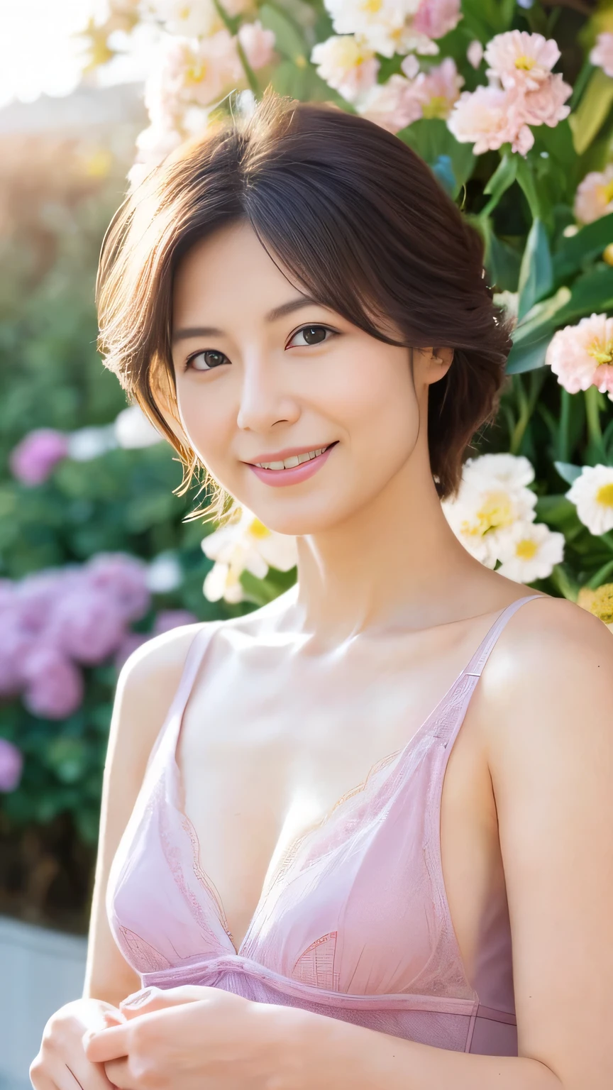born, Highest quality, High resolution, (masterpiece: 1.3), Body Shot, Cute Japanese women, masterpiece, Curved body, Big Breasts, Cute face, Light Skin, Fair skin, Cute eyes, Elegant smile, Light makeup, stand in front of a flower shop, Feminine gestures, Elegant expression, Viewers facing towards each other, Focus on your audience, CuteBeautiful pastel colors, Beautiful pastel colors, at noon, Great lighting, Great sunlight, Bright colors, Ultra-realistic clean lines, Very realistic、Japanese、40 years old、A sparkling smile、E cup breasts、Hide your fingers、Emphasize the chest、Cleavage、Sexy lilac lingerie