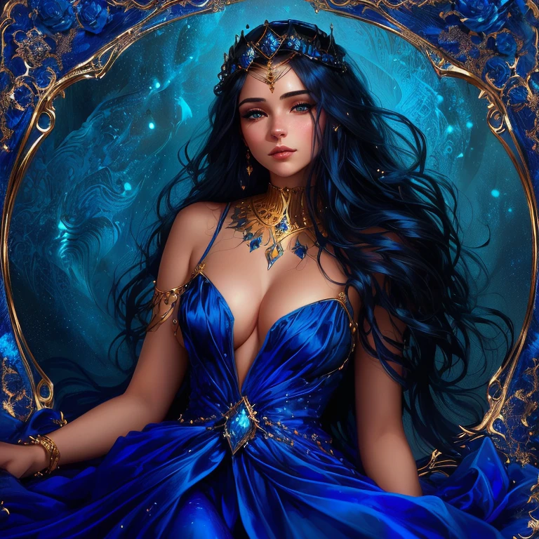 arafa woman in a blue dress sitting in a golden frame, Karol behind uhd, beautiful fantasy art portrait, Charlie Bowater rich, deep colors, beautiful fantasy portrait, fantasy art portrait, in style of charlie bowater, style of charlie bowater, ((a beautiful fantasy empress)), fantasy portrait art, fantasy woman, rich blue colors, dressed in blue