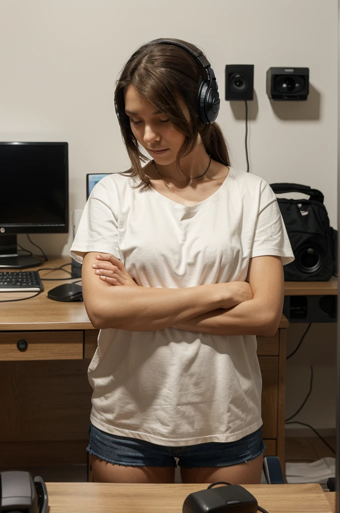 The image depicts an individual standing in a room with crossed arms. The person’s face is obscured by a brown rectangle, likely for privacy reasons. They are wearing a white T-shirt, headphones around their neck, and appear to have an ID badge hanging from their neck. In the background, there are two computer monitors on a desk, various cables, a black chair, and what seems to be a water bottle on the desk. There are no visible math problems or homework assignments in this image.