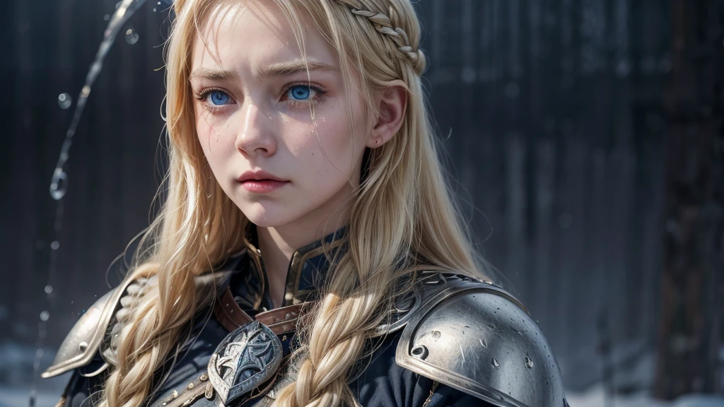 Mulher viking, snow falling outside, your straight blonde hair. Expression is a mixture of sadness and determination. Deep blue eyes. Tears join the cold raindrops on your cheeks. Arrogant posture. Golden hair over the shoulders.