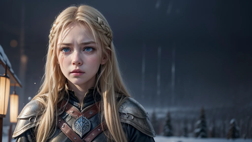 Mulher viking, snow falling outside, your straight blonde hair. Expression is a mixture of sadness and determination. Deep blue eyes. Tears join the cold raindrops on your cheeks. Arrogant posture. Golden hair over the shoulders.