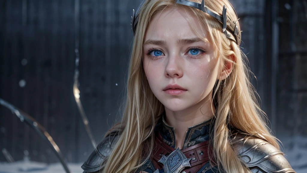 Mulher viking, snow falling outside, your straight blonde hair. Expression is a mixture of sadness and determination. Deep blue eyes. Tears join the cold raindrops on your cheeks. Arrogant posture. Golden hair over the shoulders.