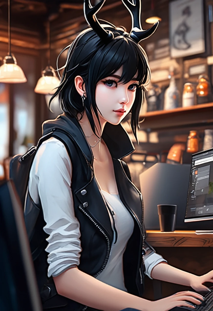 (best qualityer, masterpiece1.2), 1 girl, standing alone, antrum, cally3d, (black body), ink black body, in a coffee shop, sitting at the computer, lateral view, on chair, facing the computer, (darling ink), Bblack hair, antlers, black antlers, sharped teeth, regatta, (shorts jeans), Woman, eyes black, (no pupils), white face, sensuous, detailded, extreme detail, perfect lighting, 4K, cloused mouth, devil&#39;s tail, surprised expression,