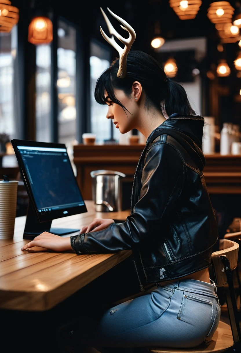 (best qualityer, masterpiece1.2), 1 girl, standing alone, antrum, cally3d, (black body), ink black body, in a coffee shop, sitting at the computer, lateral view, on chair, facing the computer, (darling ink), Bblack hair, antlers, black antlers, sharped teeth, regatta, (shorts jeans), Woman, eyes black, (no pupils), white face, sensuous, detailded, extreme detail, perfect lighting, 4K, cloused mouth, devil's tail, surprised expression,