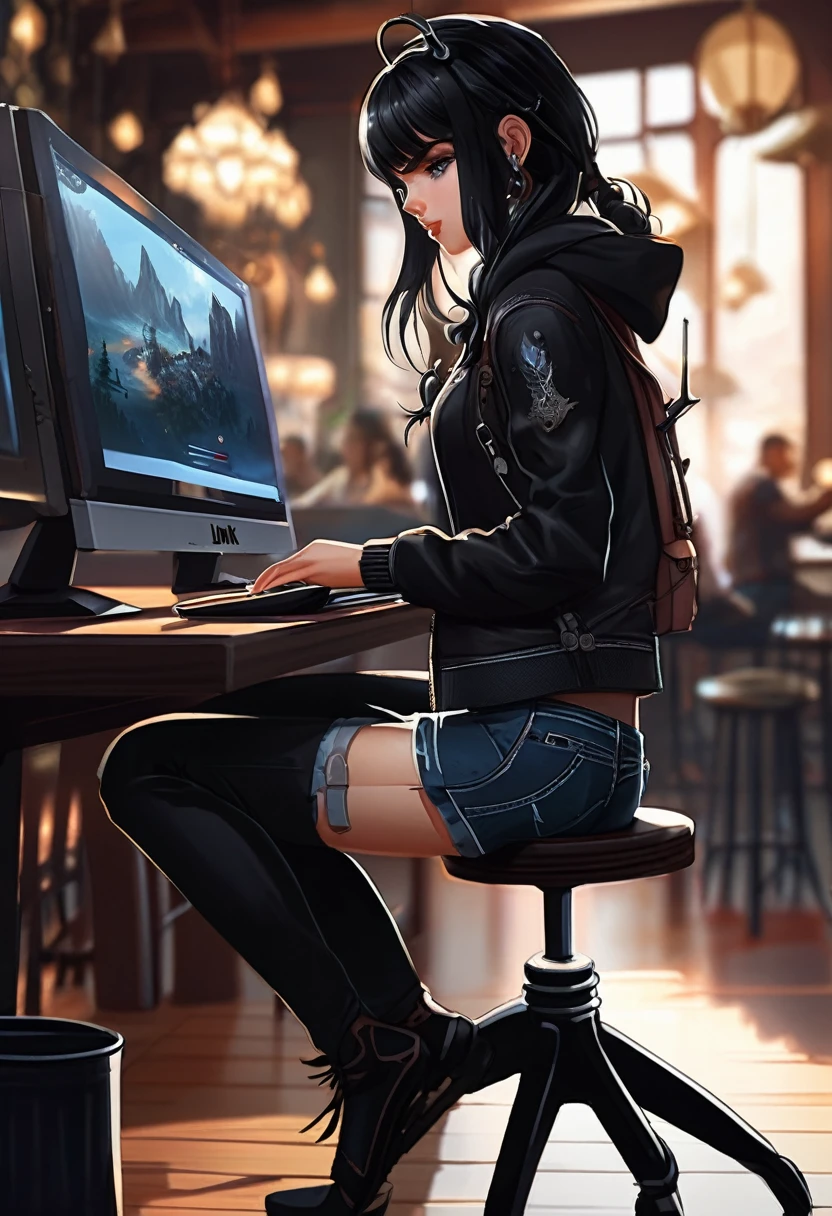 (best qualityer, masterpiece1.2), 1 girl, standing alone, antrum, cally3d, (black body), ink black body, in a coffee shop, sitting at the computer, lateral view, on chair, facing the computer, (darling ink), Bblack hair, antlers, black antlers, sharped teeth, regatta, (shorts jeans), Woman, eyes black, (no pupils), white face, sensuous, detailded, extreme detail, perfect lighting, 4K, cloused mouth, devil&#39;s tail, surprised expression,