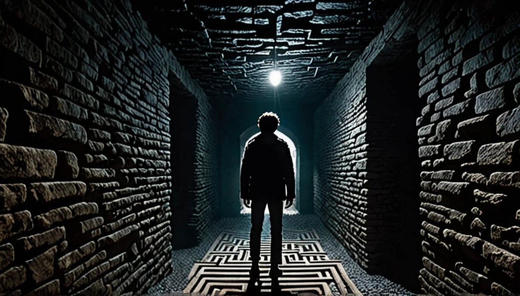 In the enveloping darkness, there exists a young man. He is trapped in an endless underground labyrinth. The walls are rough-hewn stone, and the corridors branch off without clear direction.