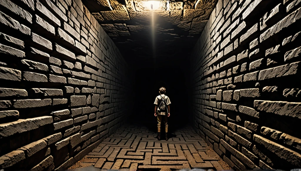 In the enveloping darkness, there exists a young man. He is trapped in an endless underground labyrinth. The walls are rough-hewn stone, and the corridors branch off without clear direction.