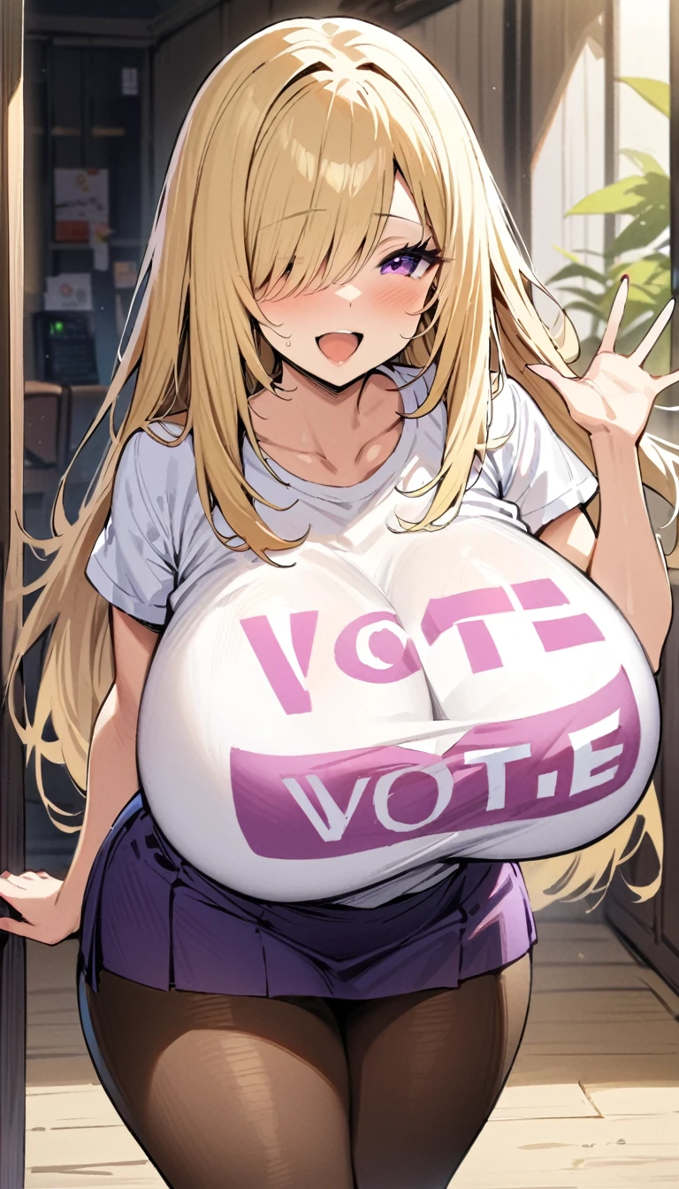 ((Best Quality)), ((Masterpiece)), (detailed), 1 girl, Pastel yellow hair, long hair, hair covers one eye, purple eyes, big breasts, big thighs, I expressed smiling, Open mouth, blushing, white vote t-shirt, purple skirt, brown pantyhose