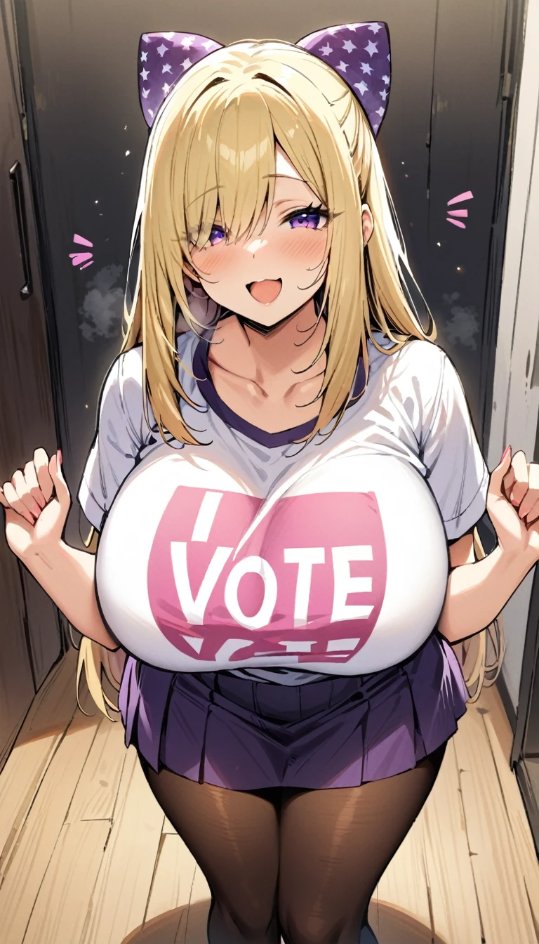 ((Best Quality)), ((Masterpiece)), (detailed), 1 girl, Pastel yellow hair, long hair, hair covers one eye, purple eyes, big breasts, big thighs, I expressed smiling, Open mouth, blushing, white vote t-shirt, purple skirt, brown pantyhose