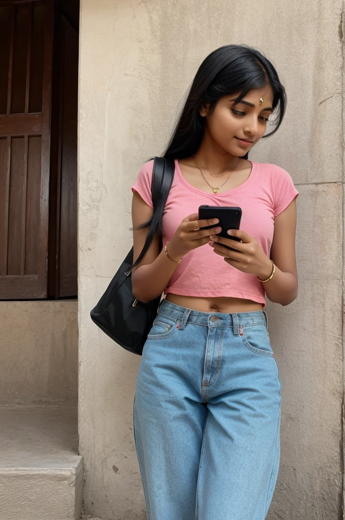 A indian girl pickup a mobile phone in her hand ai image