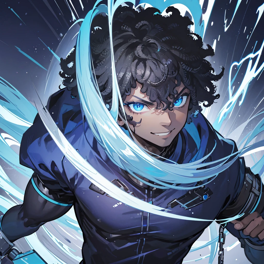 A black man with afro hair, light blue eye and dark blue eye, and a mischievous smile. He doesn't have a beard. His hair was a black afro