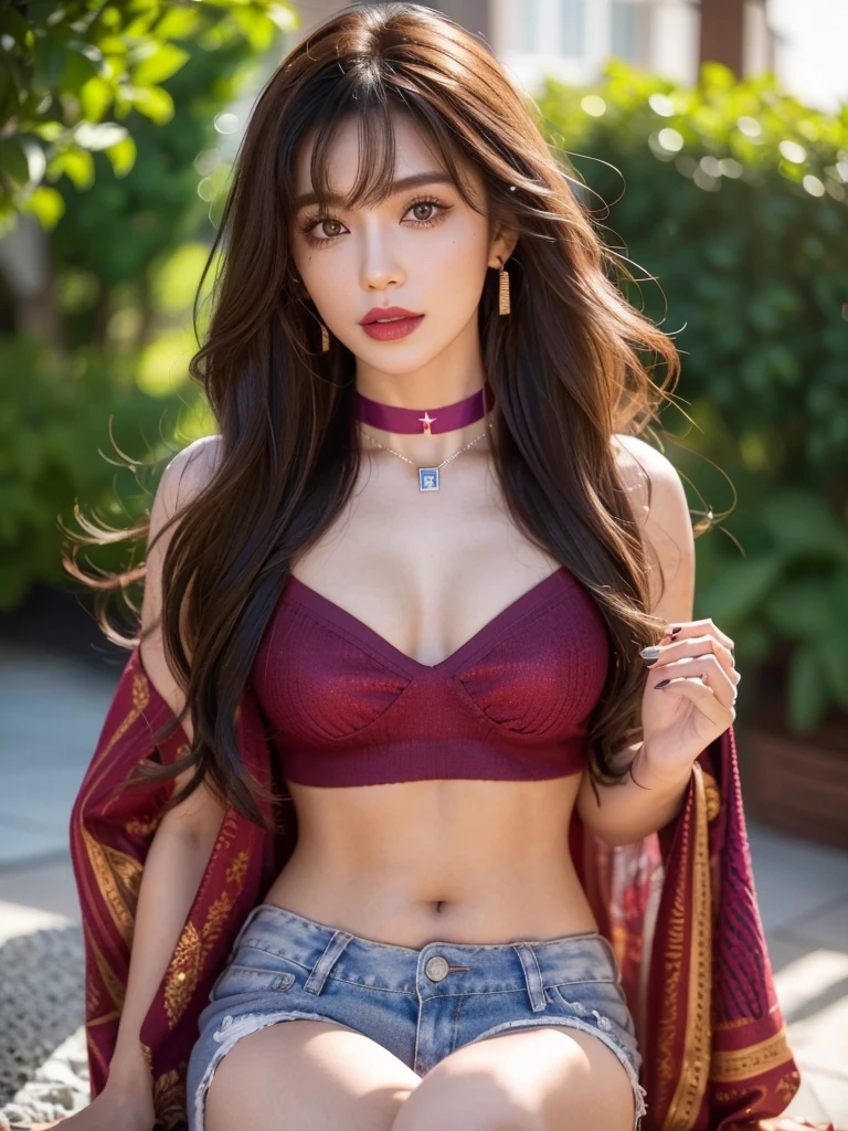 1girl, alone, solitary, high quality, (best quality,4k,8k,highres,masterpiece:1.2),ultra-detailed,(realistic,photorealistic,photo-realistic:1.37),gorgeous hair,light brown hair,long hair with bangs,sharp eyes,mole under the eye,plump lips,jewelry,(high detailed skin:1.4),(rim lighting:1.3),(lit:1.3),(sunny day:1.3),portrait,beautiful lips,waist-length hair,seductive gaze,moles,casual clothes,colorful clothing,close up,super long hair,choker necklace,bangs,fringe,dimples on the cheeks,dimples,brown hair,lighthair,brown hair,black,red lips,red lipstick,round lips,round pouty lips,pouty lips,douyin makeup,sparkly makeup,blue,green,pink,purple,wine red,highlights,colored highlights,piercings,gems,lipstick,lip gloss,tattoos,tattooed,navel piercing, girl,small waist,innocent
