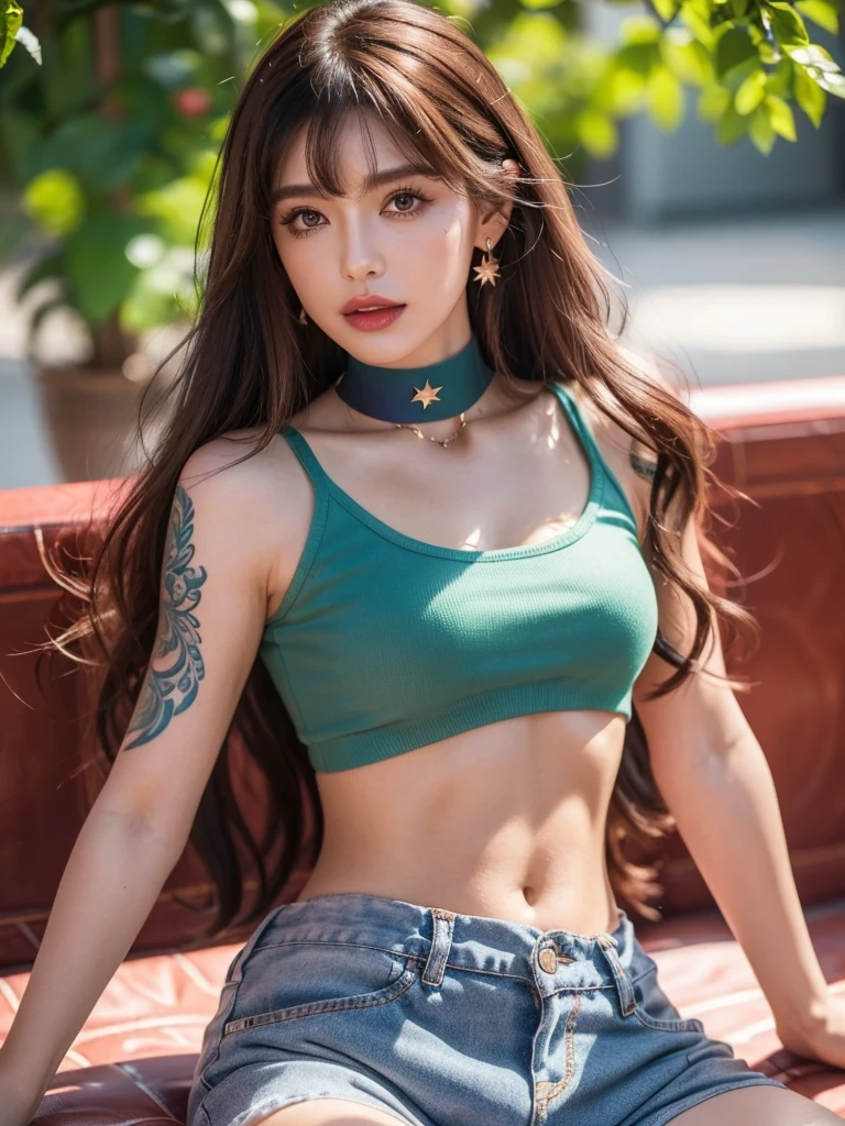 1girl, alone, solitary, high quality, (best quality,4k,8k,highres,masterpiece:1.2),ultra-detailed,(realistic,photorealistic,photo-realistic:1.37),gorgeous hair,light brown hair,long hair with bangs,sharp eyes,mole under the eye,plump lips,jewelry,(high detailed skin:1.4),(rim lighting:1.3),(lit:1.3),(sunny day:1.3),portrait,beautiful lips,waist-length hair,seductive gaze,moles,casual clothes,colorful clothing,close up,super long hair,choker necklace,bangs,fringe,dimples on the cheeks,dimples,brown hair,lighthair,brown hair,black,red lips,red lipstick,round lips,round pouty lips,pouty lips,douyin makeup,sparkly makeup,blue,green,pink,purple,wine red,highlights,colored highlights,piercings,gems,lipstick,lip gloss,tattoos,tattooed,navel piercing, girl,small waist,innocent