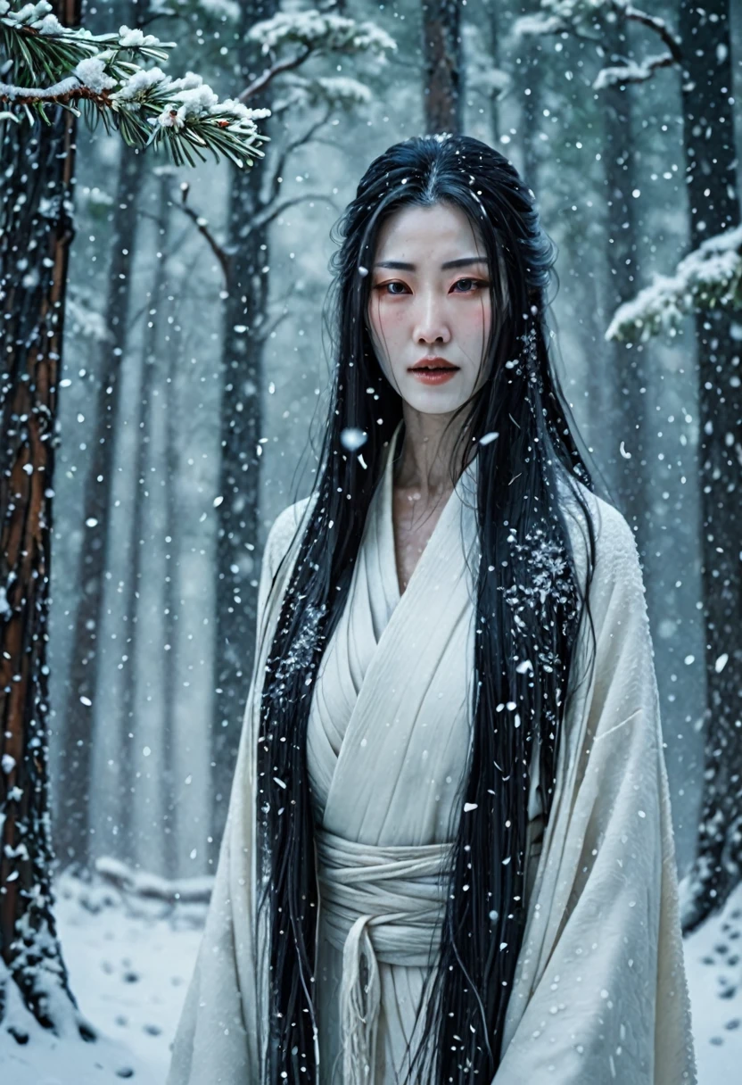 A realistic depiction of Yuki-onna, the snow woman from Japanese folklore. She is a beautiful woman with long, flowing black hair, wearing a pure white kimono. Her skin is pale and almost translucent, giving her an ethereal and ghostly appearance. She stands in a snowy forest, with snowflakes gently falling around her. The background features tall, snow-covered pine trees and a serene, icy landscape. The image should have a mysterious and haunting atmosphere, capturing the cold and supernatural essence of Yuki-onna.