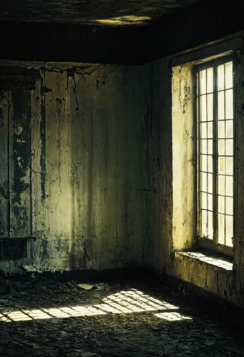 **Film Title:** "captivity"
**Poster Description:**
The background of the poster is dominated by an old, abandoned room, illuminated by a dim light that enhances the shadows and gloomy atmosphere. En el centro de la imagen, in a scene far from the camera, There's a man with his arms tied back to a chair, bound by a handcuff that glows in the dim light. he is shirtless, visibly injured and with marks of violence, suggesting he was and brutalized. A blood-stained cloth bag covers his head, hiding your face and increasing the mystery