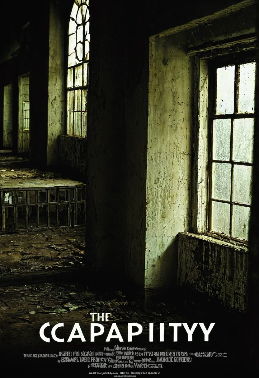 **Film Title:** "captivity"

**Poster Description:**

The background of the poster is dominated by an old, abandoned room, illuminated by a dim light that enhances the shadows and gloomy atmosphere. En el centro de la imagen, in a scene far from the camera, There&#39;s a man with his arms tied back to a chair, bound by a handcuff that glows in the dim light. he is shirtless, visibly injured and with marks of violence, suggesting he was  and brutalized. A blood-stained cloth bag covers his head, hiding your face and increasing the suspense.

Room details reveal old, dusty furniture, peeling walls and a broken window, reinforcing the feeling of abandonment and despair. Dramatic lighting plays with shadows, creating a contrast between light and dark that intensifies the atmosphere of terror.

Above the scene, in harrowing red letters, is the title "captivity", conveying a feeling of imprisonment and despair. down, in smaller letters, "A psychological thriller", contextualizes the film’s genre.

The poster set vividly and disturbingly captures the essence of a psychological thriller, promising an intense and exciting experience for viewers.