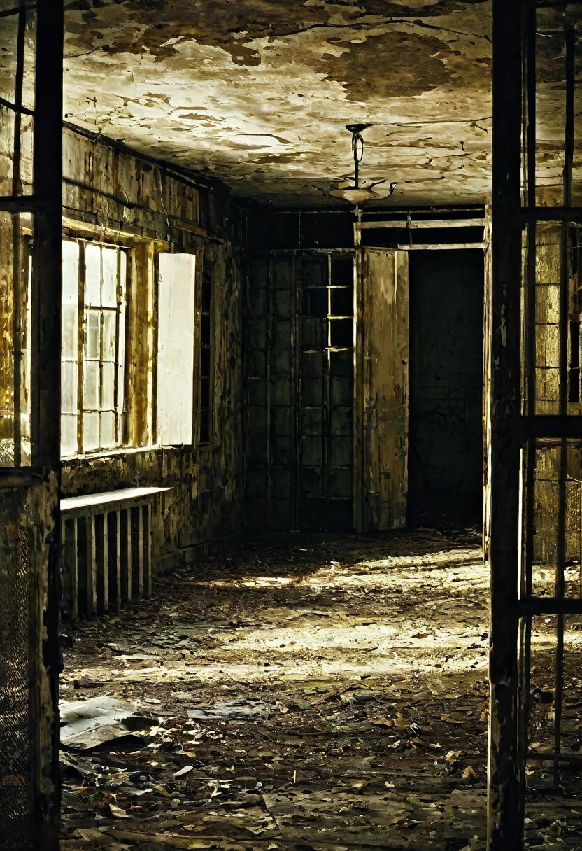 **Film Title:** "captivity"
**Poster Description:**
The background of the poster is dominated by an old, abandoned room, illuminated by a dim light that enhances the shadows and gloomy atmosphere. En el centro de la imagen, in a scene far from the camera, There's a man with his arms tied back to a chair, bound by a handcuff that glows in the dim light. he is shirtless, visibly injured and with marks of violence, suggesting he was and brutalized. A blood-stained cloth bag covers his head, hiding your face and increasing the mystery