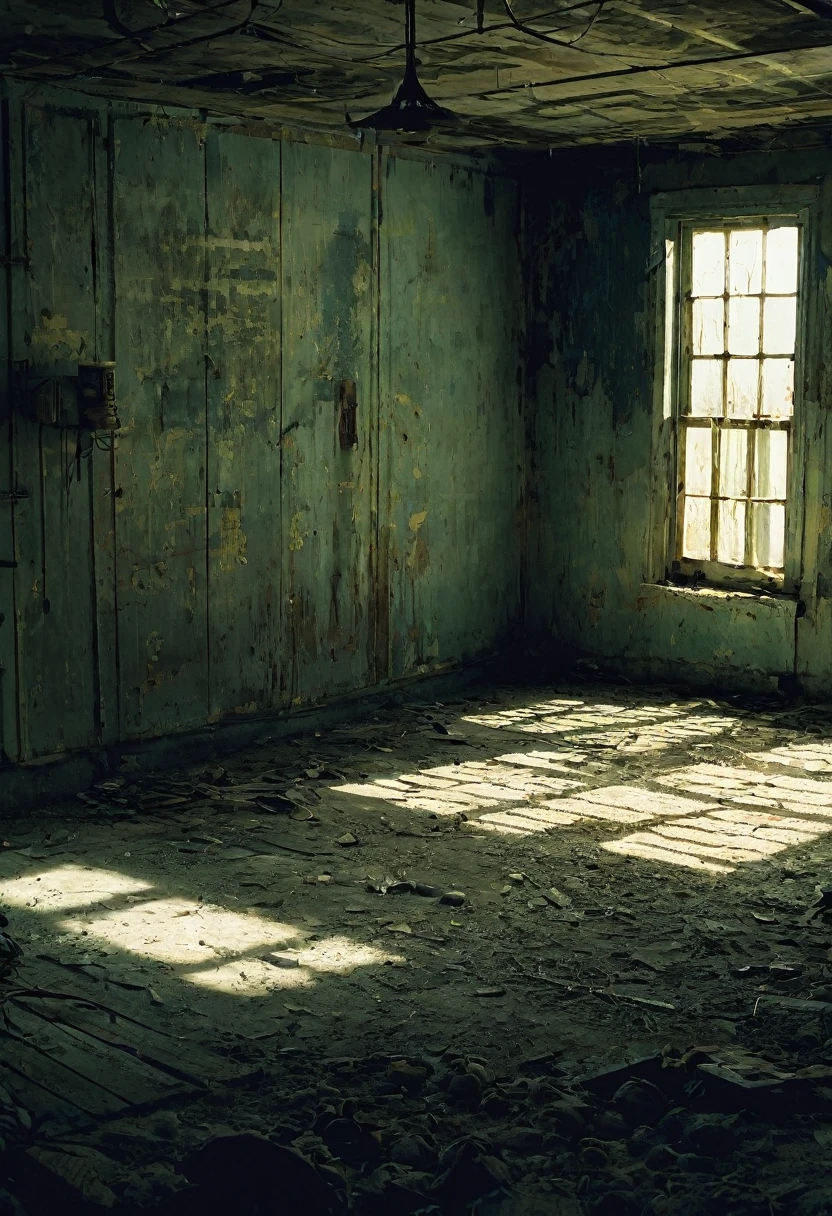 **Film Title:** "captivity"
**Poster Description:**
The background of the poster is dominated by an old, abandoned room, illuminated by a dim light that enhances the shadows and gloomy atmosphere. En el centro de la imagen, in a scene far from the camera, There's a man with his arms tied back to a chair, bound by a handcuff that glows in the dim light. he is shirtless, visibly injured and with marks of violence, suggesting he was and brutalized. A blood-stained cloth bag covers his head, hiding your face and increasing the mystery
