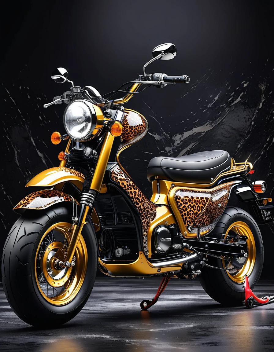 An electric motorcycle with a leopard print retro color,High-quality artworks created by master artists, best quality, Detailed Details,Black mineral background