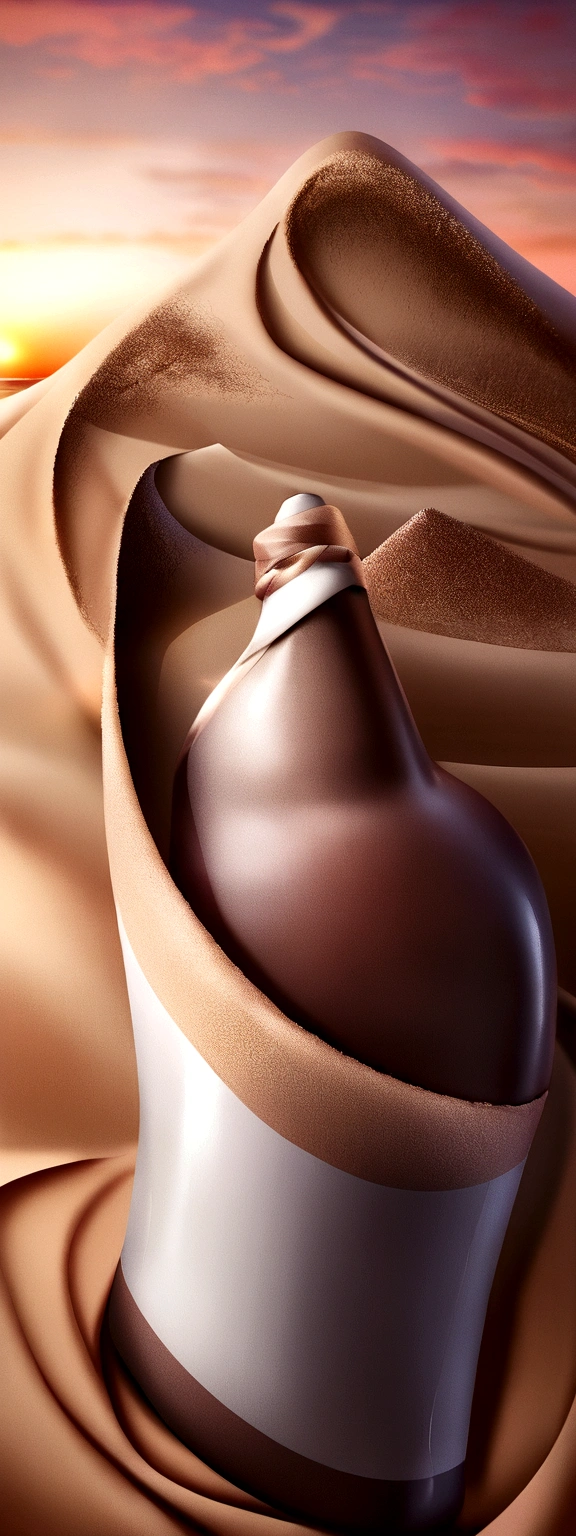 Change this bottle background to a dune,sunset professional product photography 