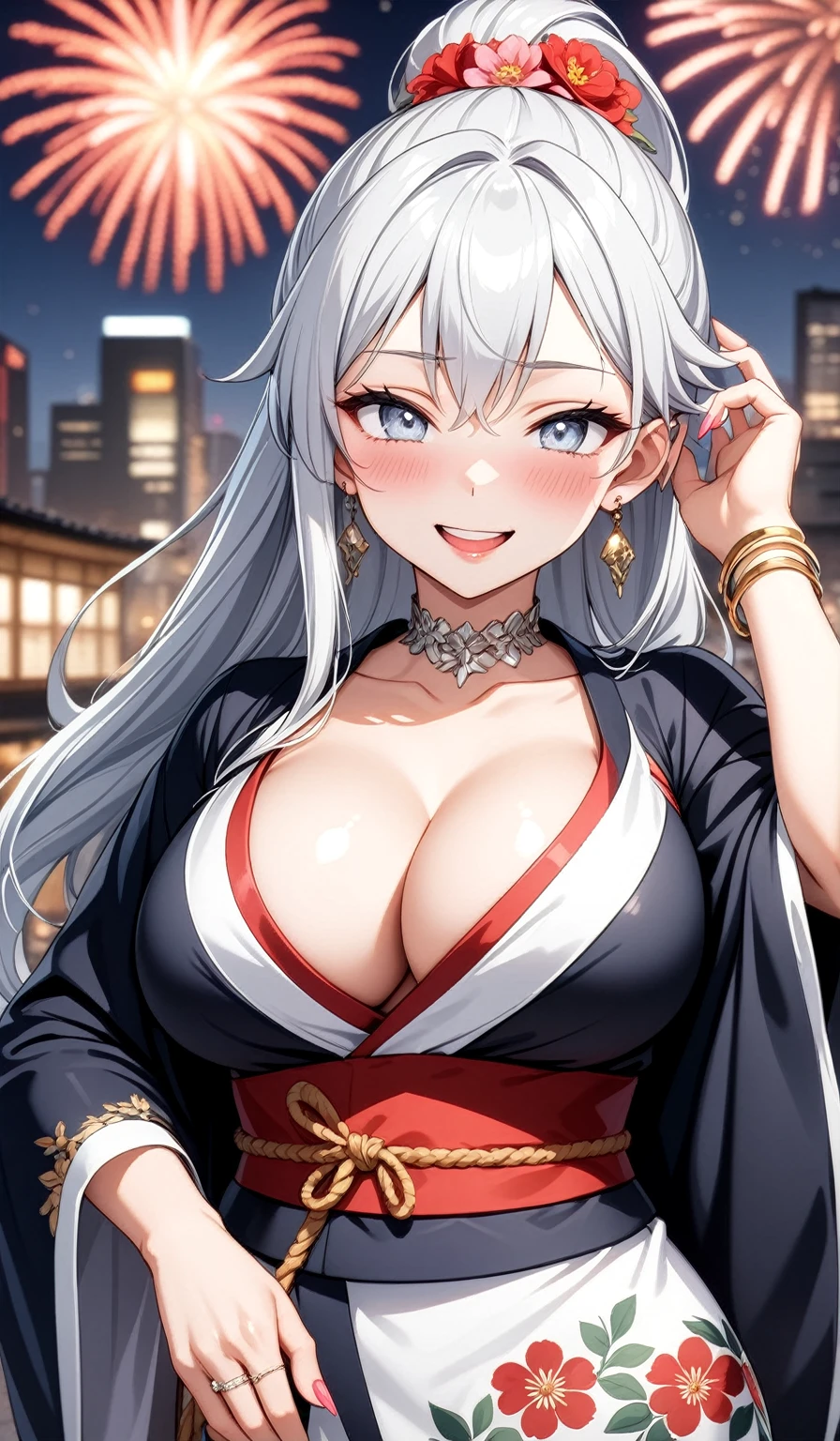 ((One personの女性)), Beautiful Face, Laughing embarrassedly, (laugh:1.2),((Wink:1.9)), (head tilt:1.3), Laugh with your mouth wide open, upper teeth, looking at viewer, ((full-face blush:1.6)),Glossy Red Lips, night, Skyscraper rooftop, firework, Glossy red lips, Shining Face, ((Anime style background)),masterpiece, Highest quality, so beautiful,up to date, Complex details, (Pink long nails),(ring),(bracelet),(Floral choker),AI-generated, Complex,High resolution, Highest quality, super high quality,3D Images、3D Images, One person, Long white hair, High Ponytail, Anime woman posing for a photo, (blue eyes), ((Fine grain、Silvery white, lightly pigmented eyes、Shining Eyes:1.5)), (Squint your eyes:1.1),a hyperRealistic , hyperRealistic , Realistic,Anime woman with long white hair, Smooth anime CG art, (A woman in a colorful kimono with gold embroidery), ((Black long sleeve kimono)),(Red floral pattern),Long flower hair ornament,Earrings,Mature Body,(Big Breasts:1.1),Tall,Abdominal muscles,Tight waist,(face focus:1.4), (front view),