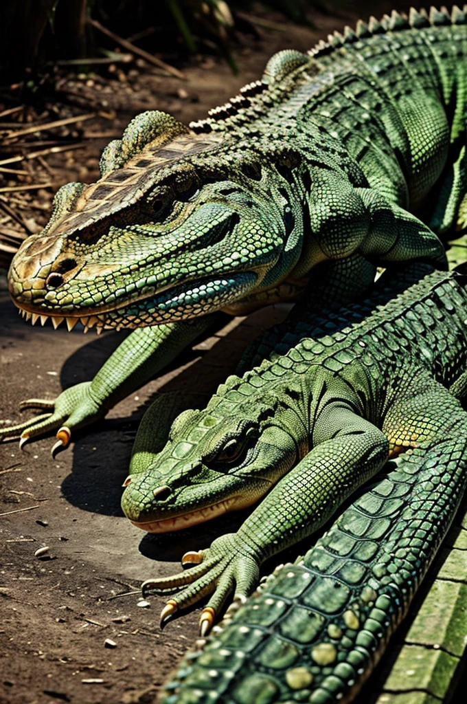 Generate an image of Lizard kissing crocodile