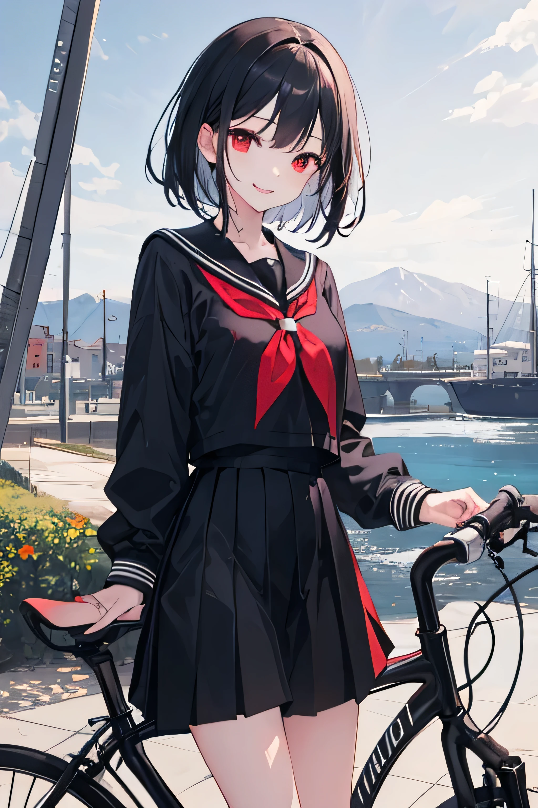 ((best quality)), ((masterpiece)), (detailed), 1girl, sexly,14 years old,Riding a bike,Black Hair,semi-long,Medium length hair,Red eyes,Black Sailor Suit,Black Skirt,The background is pure white,Landscape images,smile