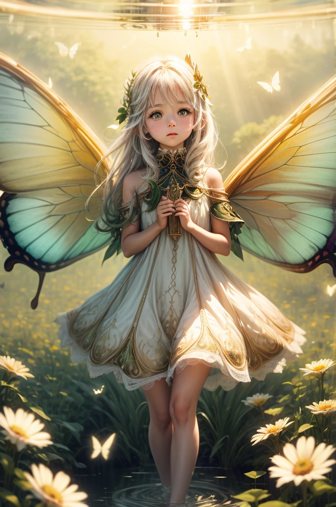 "((Innocent)) girl, golden hour, dreamy meadow, ethereal, whimsical, flowing dress, soft sunlight, enchanting, butterfly wings, (Pastel clouds), liquid reflections super resolution realistic